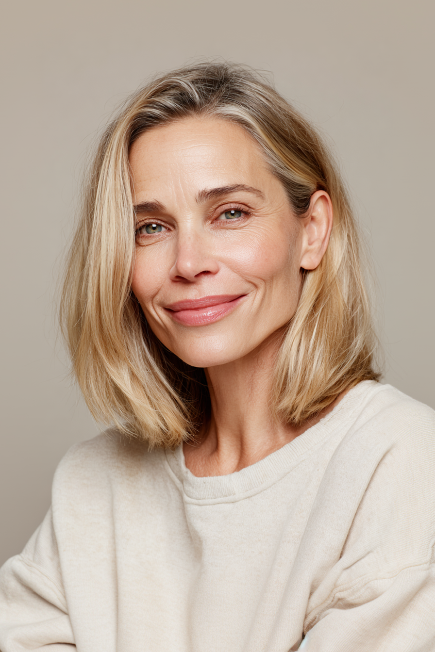 23. Blunt Lob with Buttery Blonde Tones (Summer Hairstyles For Women Over 50) - Summer Hairstyles For Women Over 50