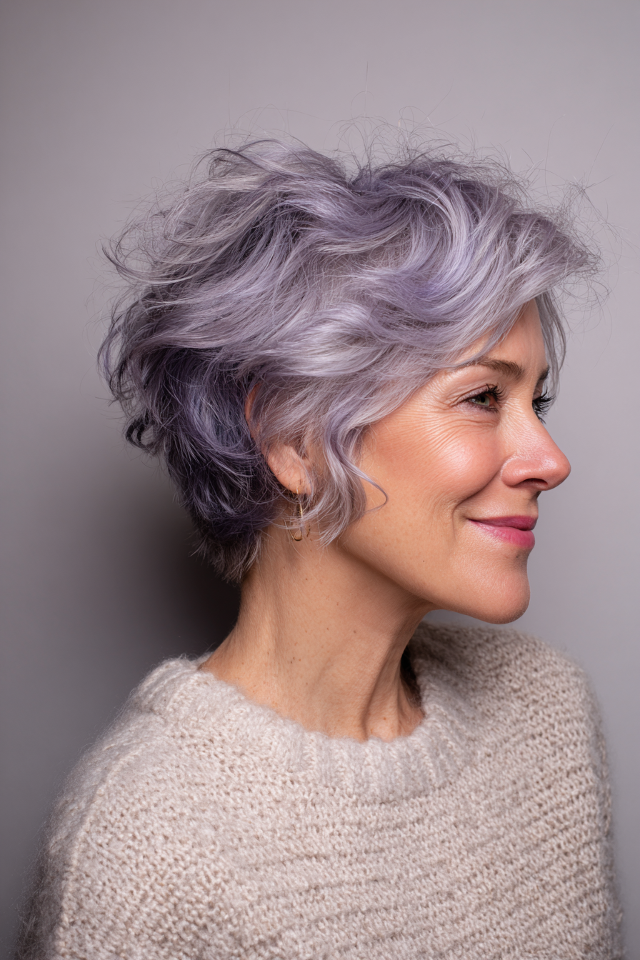 25. Wavy Pixie with Lilac Grey Wash (Summer Hairstyles For Women Over 50) - Summer Hairstyles For Women Over 50