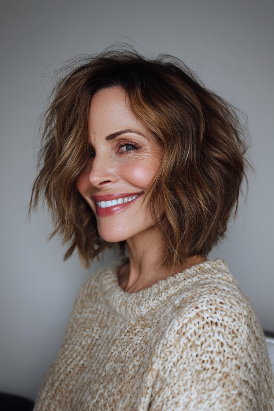 27. Loose Layered Bob with Mocha Cream Balayage (Summer Hairstyles For Women Over 50) - Summer Hairstyles For Women Over 50