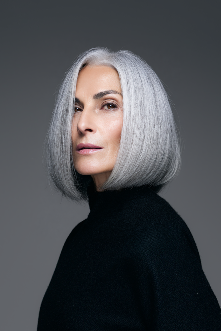 4. Blunt Cut Silver Lob (Long Bob Haircuts For Women Over 50) - Long Bob Haircuts For Women Over 50