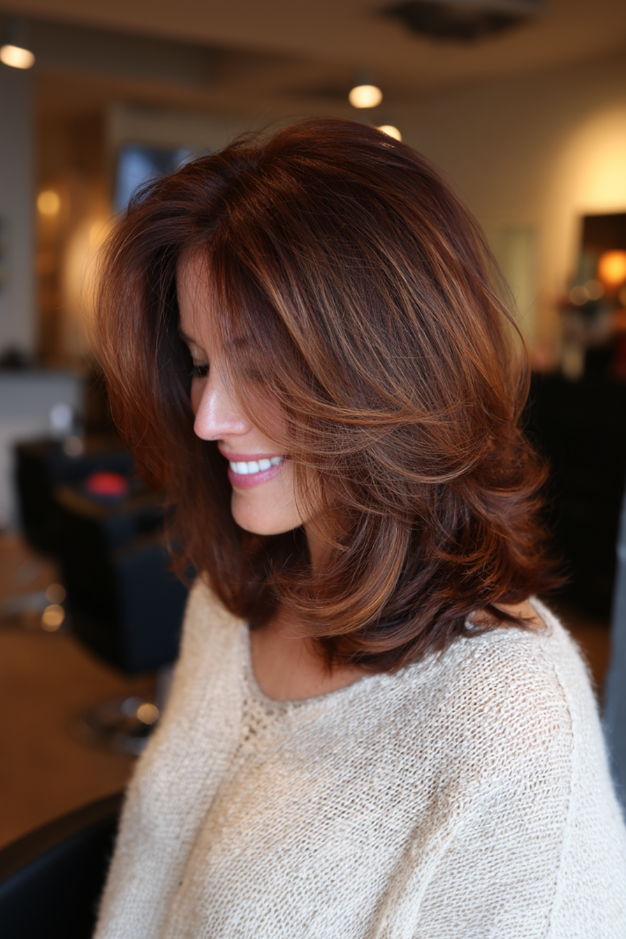 5. Side-Parted Auburn Lob (Long Bob Haircuts For Women Over 50) - Long Bob Haircuts For Women Over 50