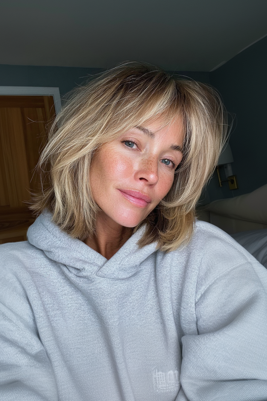 6. Feathered Golden Lob (Long Bob Haircuts For Women Over 50) - Long Bob Haircuts For Women Over 50