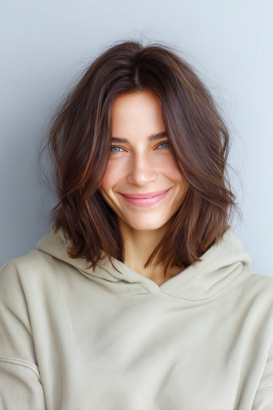 10. Soft Layered Brunette Lob (Long Bob Haircuts For Women Over 50) - Long Bob Haircuts For Women Over 50