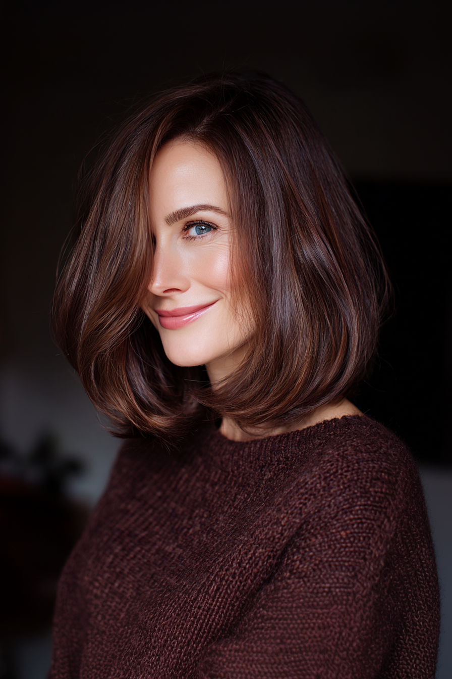 18. Glossy Chocolate Lob (Long Bob Haircuts For Women Over 50) - Long Bob Haircuts For Women Over 50