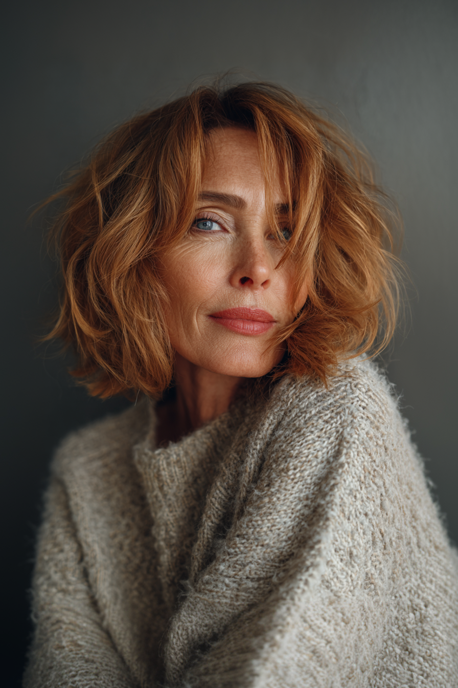 19. Tousled Cinnamon Lob (Long Bob Haircuts For Women Over 50) - Long Bob Haircuts For Women Over 50