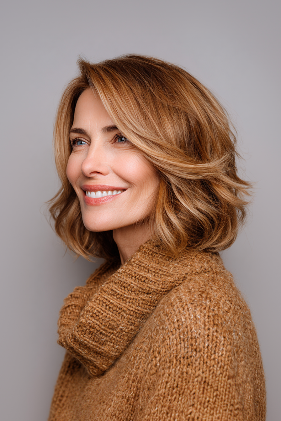 20. Side-Swept Honey Lob (Long Bob Haircuts For Women Over 50) - Long Bob Haircuts For Women Over 50