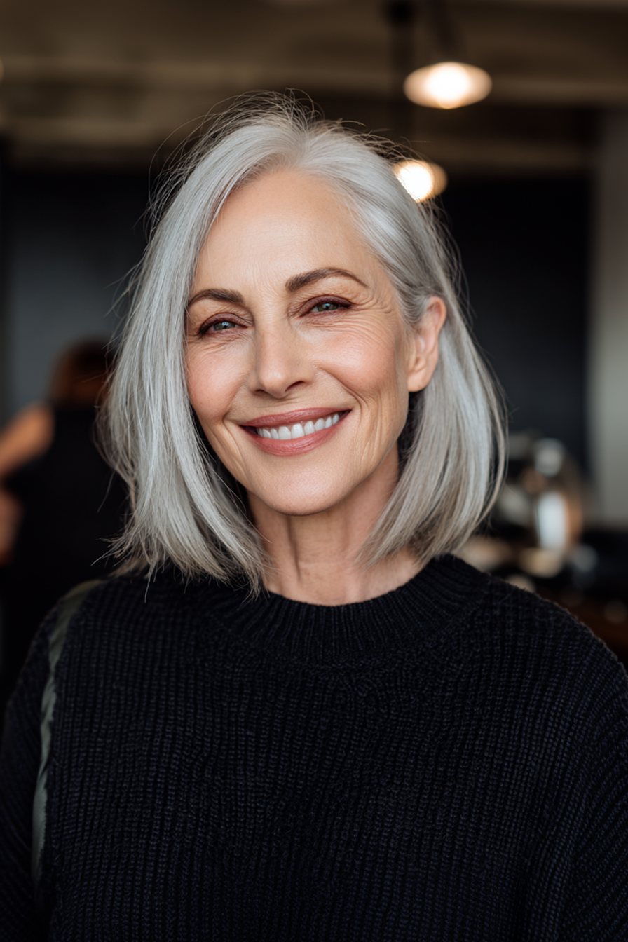 22. Straight Pearl Gray Lob (Long Bob Haircuts For Women Over 50) - Long Bob Haircuts For Women Over 50