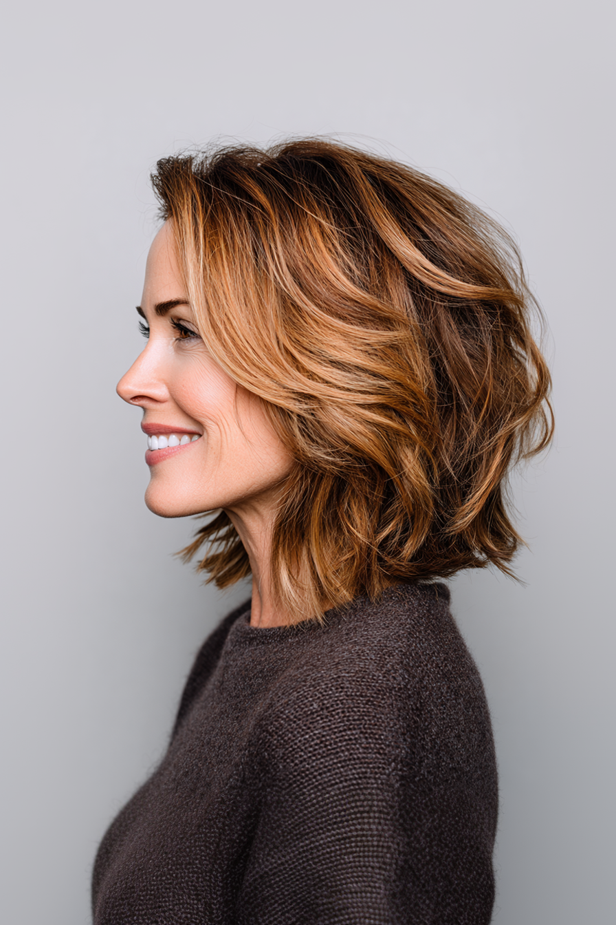 24. Warm Toffee Layered Lob (Long Bob Haircuts For Women Over 50) - Long Bob Haircuts For Women Over 50
