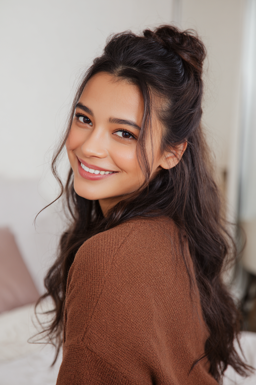 12. Half-Up Twist in Warm Mocha (Simple Hairstyles) - Simple Hairstyles