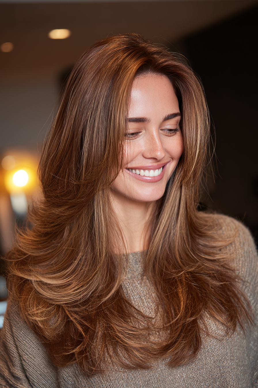 17. Long Feathered Layers in Toffee (Simple Hairstyles) - Simple Hairstyles