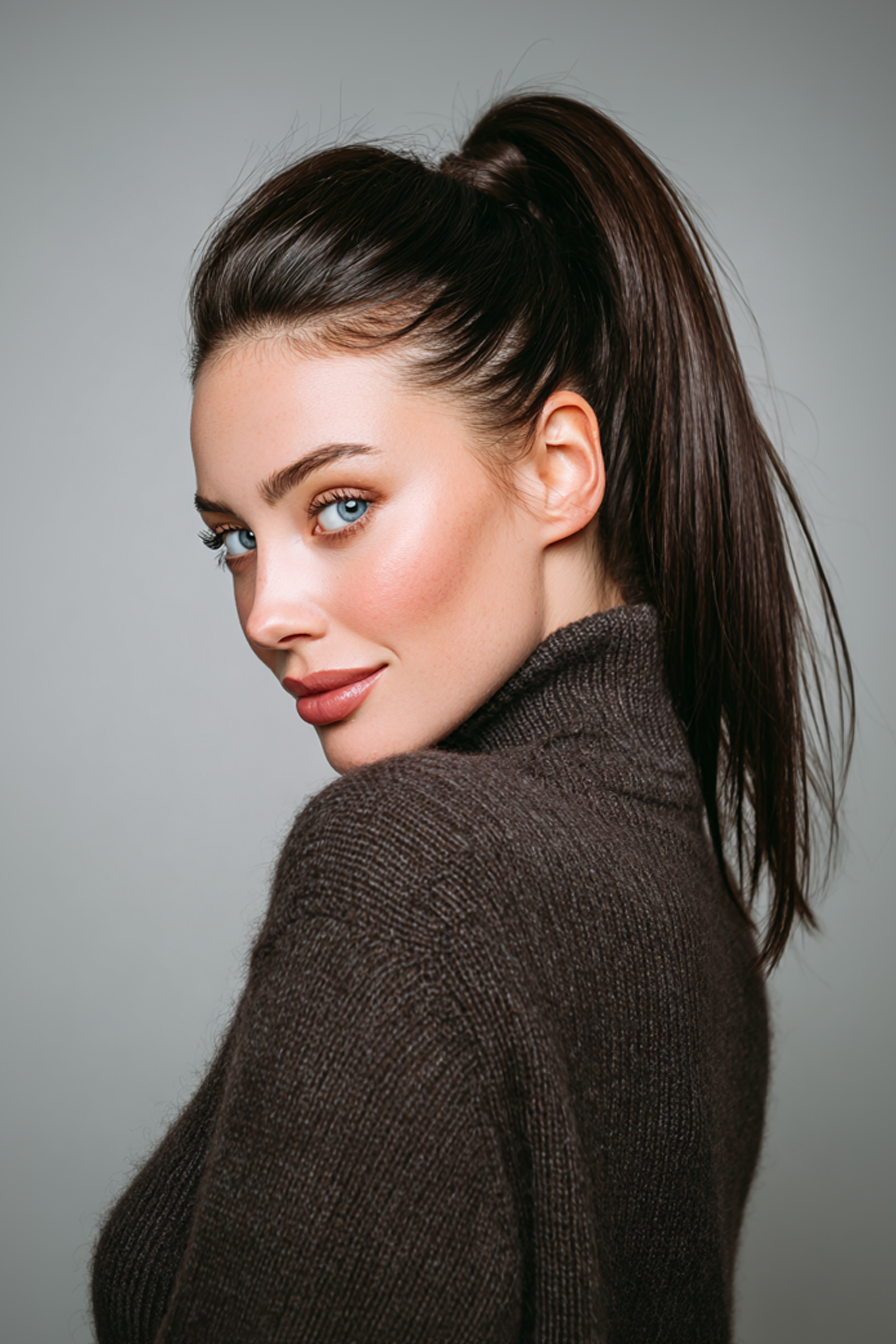 19. Sleek High Ponytail in Cool Brunette (Simple Hairstyles) - Simple Hairstyles