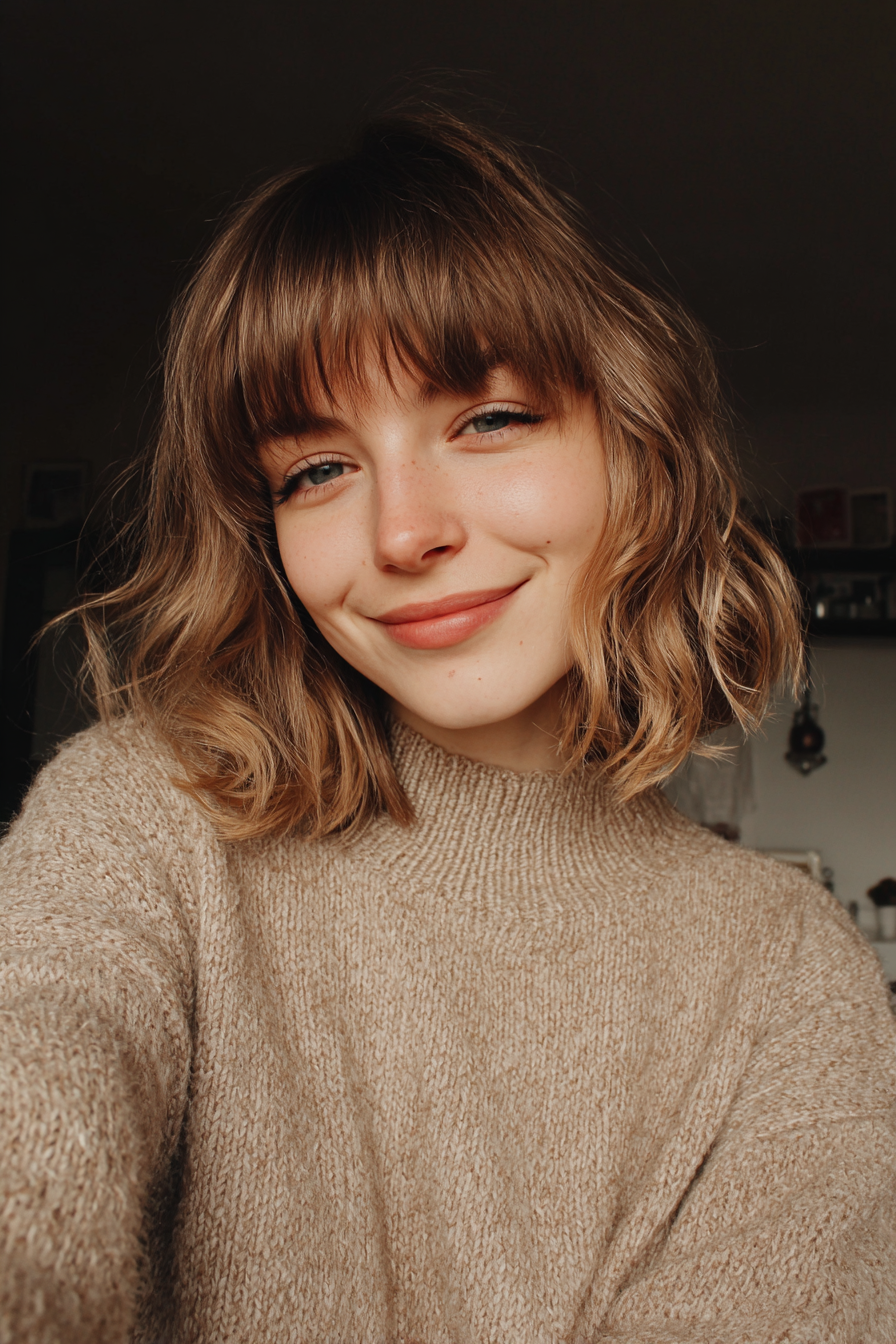 21. Low Maintenance Bangs with Cinnamon Melt (Simple Hairstyles) - Simple Hairstyles