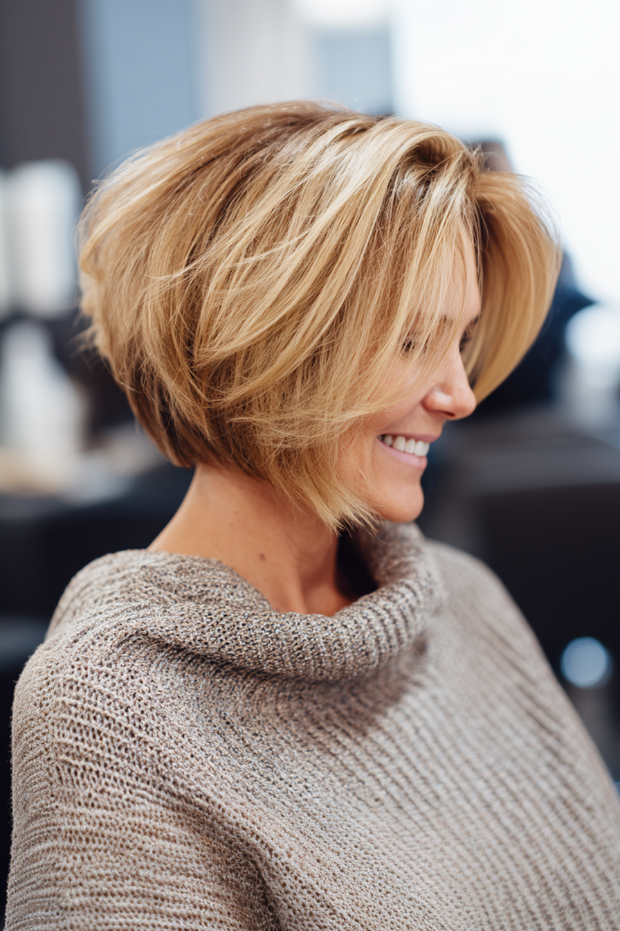 1. Layered Bob with Honey Blonde Highlights (Youthful Haircuts For Women Over 50) - Youthful Haircuts For Women Over 50