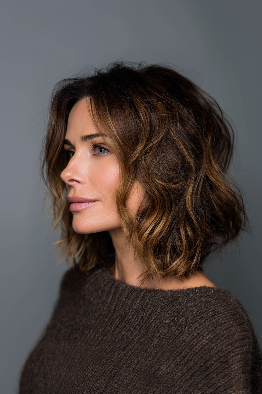 3. Shoulder-Length Lob with Caramel Balayage (Youthful Haircuts For Women Over 50) - Youthful Haircuts For Women Over 50