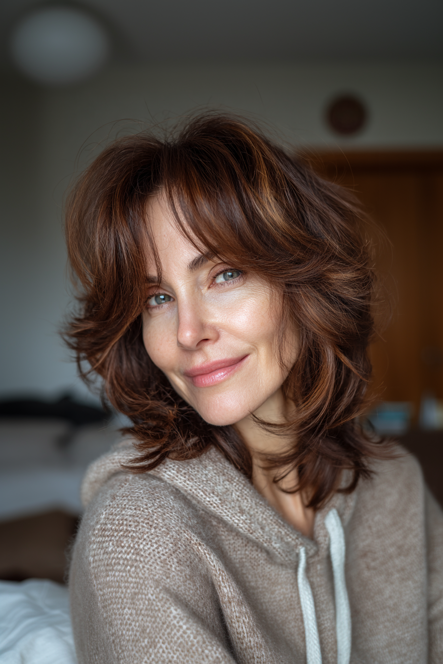 4. Feathered Shag with Warm Chestnut (Youthful Haircuts For Women Over 50) - Youthful Haircuts For Women Over 50