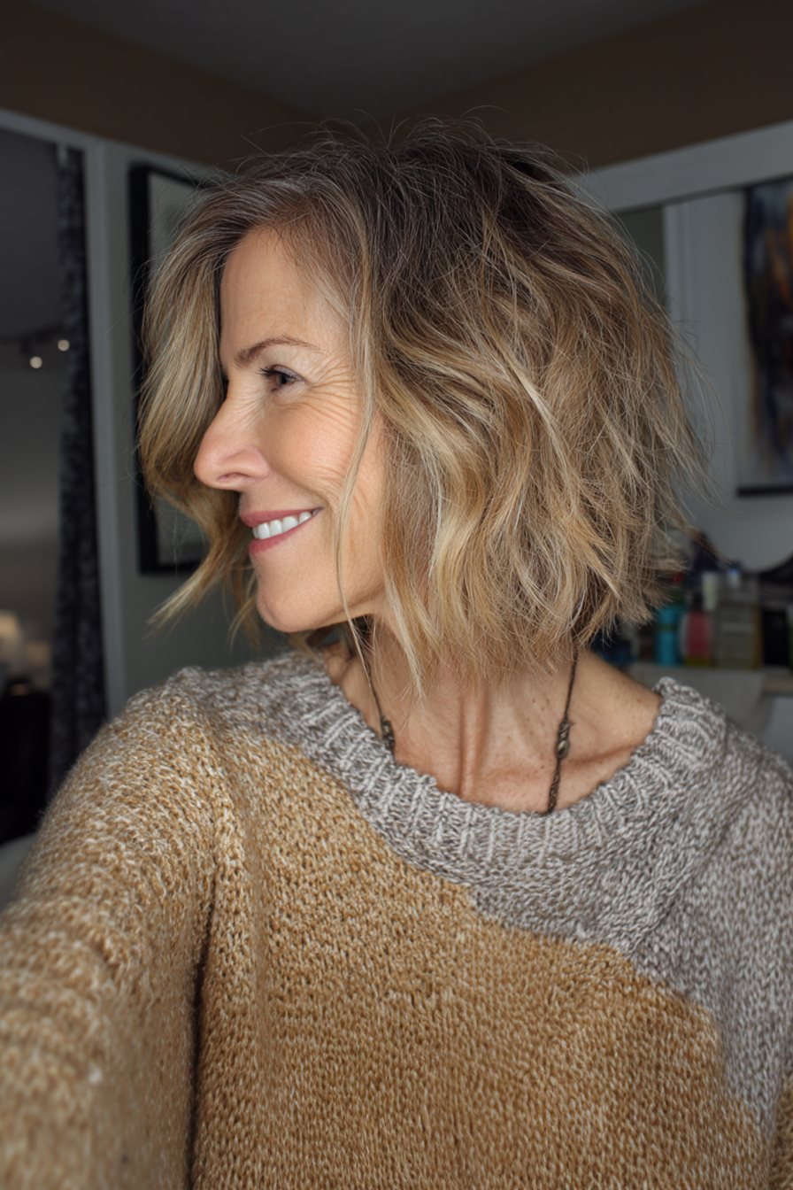 9. Choppy Lob with Sandy Blonde Ombre (Youthful Haircuts For Women Over 50) - Youthful Haircuts For Women Over 50