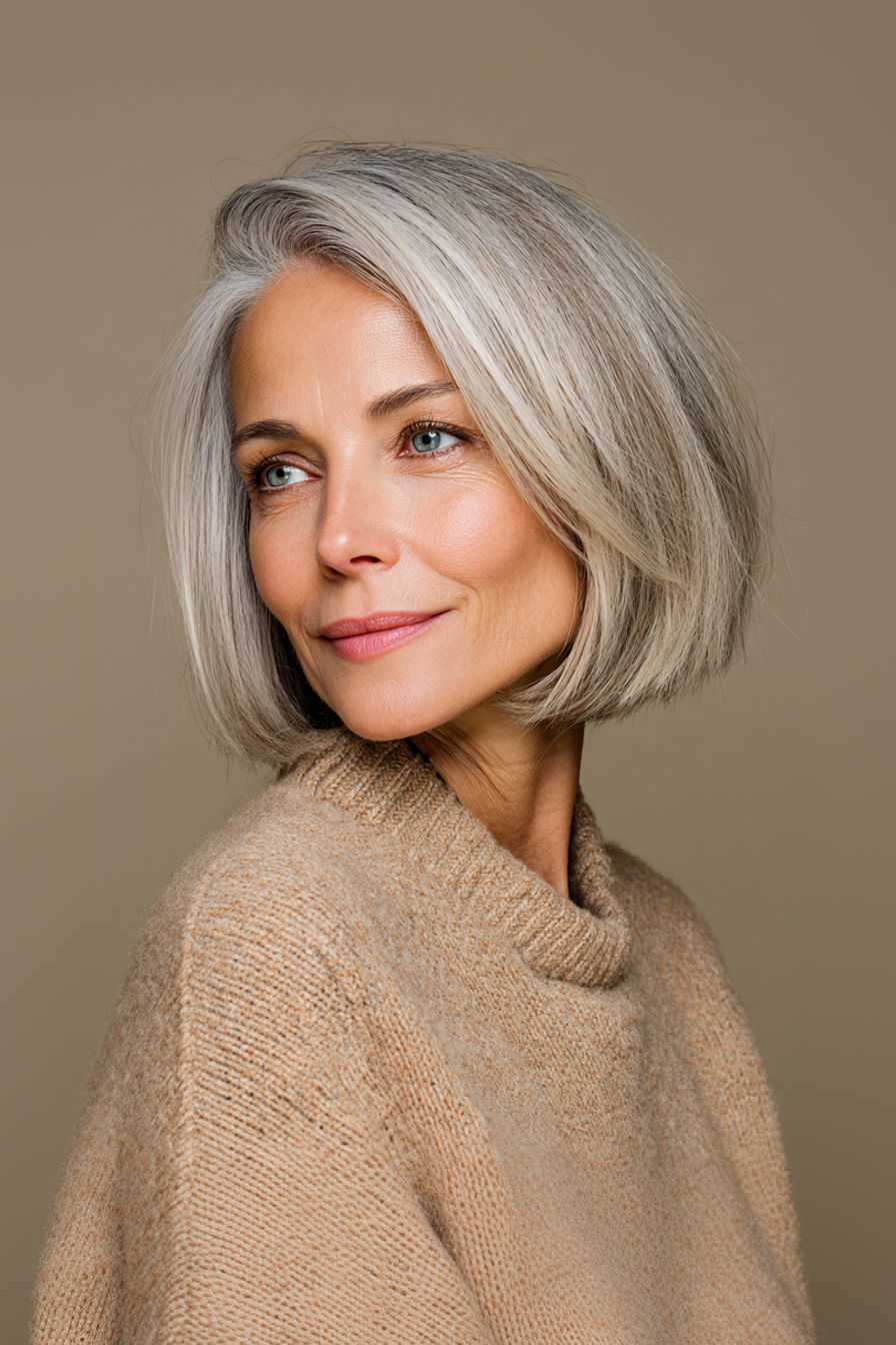 13. Blunt Bob with Ash Blonde Highlights (Youthful Haircuts For Women Over 50) - Youthful Haircuts For Women Over 50