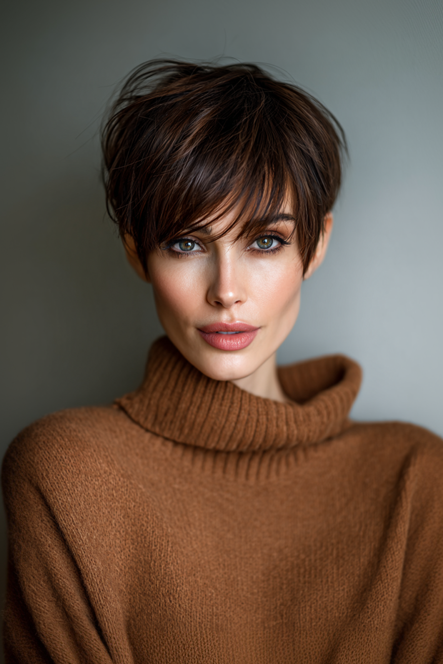 14. Pixie with Long Bangs and Mocha Brown (Youthful Haircuts For Women Over 50) - Youthful Haircuts For Women Over 50