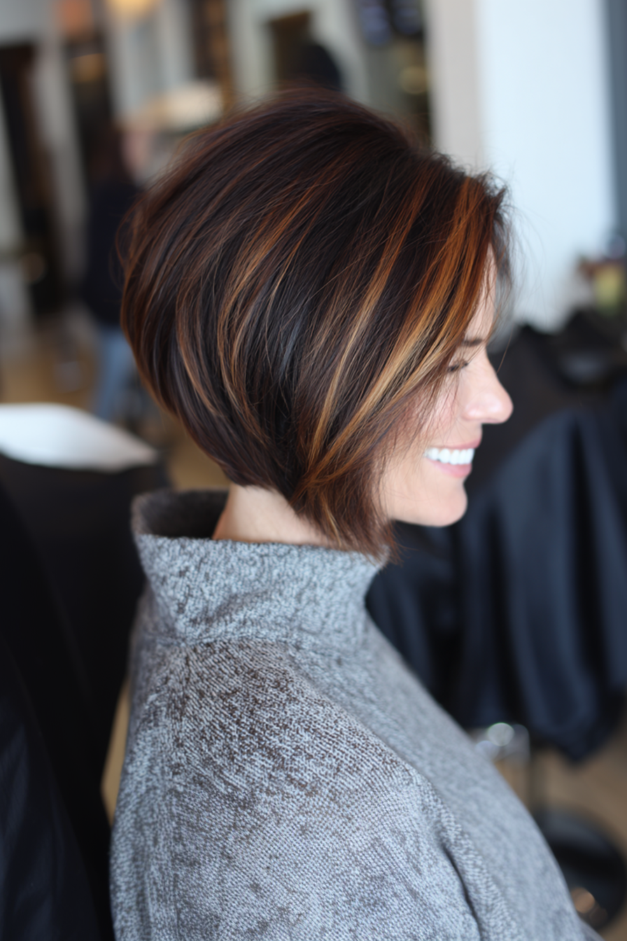 20. Angled Bob with Espresso and Caramel (Youthful Haircuts For Women Over 50) - Youthful Haircuts For Women Over 50