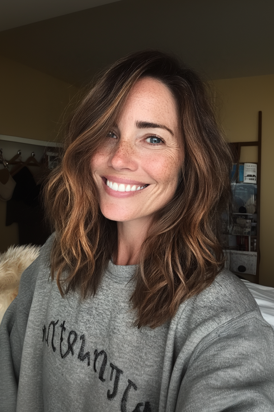 23. Wavy Mid-Length Cut with Chocolate Brown (Youthful Haircuts For Women Over 50) - Youthful Haircuts For Women Over 50