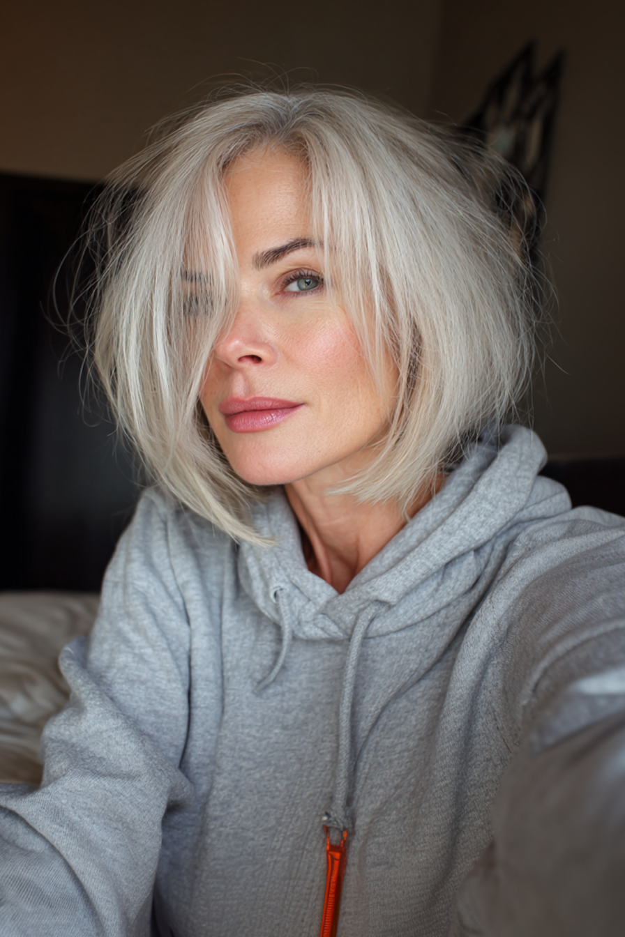 24. Layered Bob with Silver Blonde Blend (Youthful Haircuts For Women Over 50) - Youthful Haircuts For Women Over 50