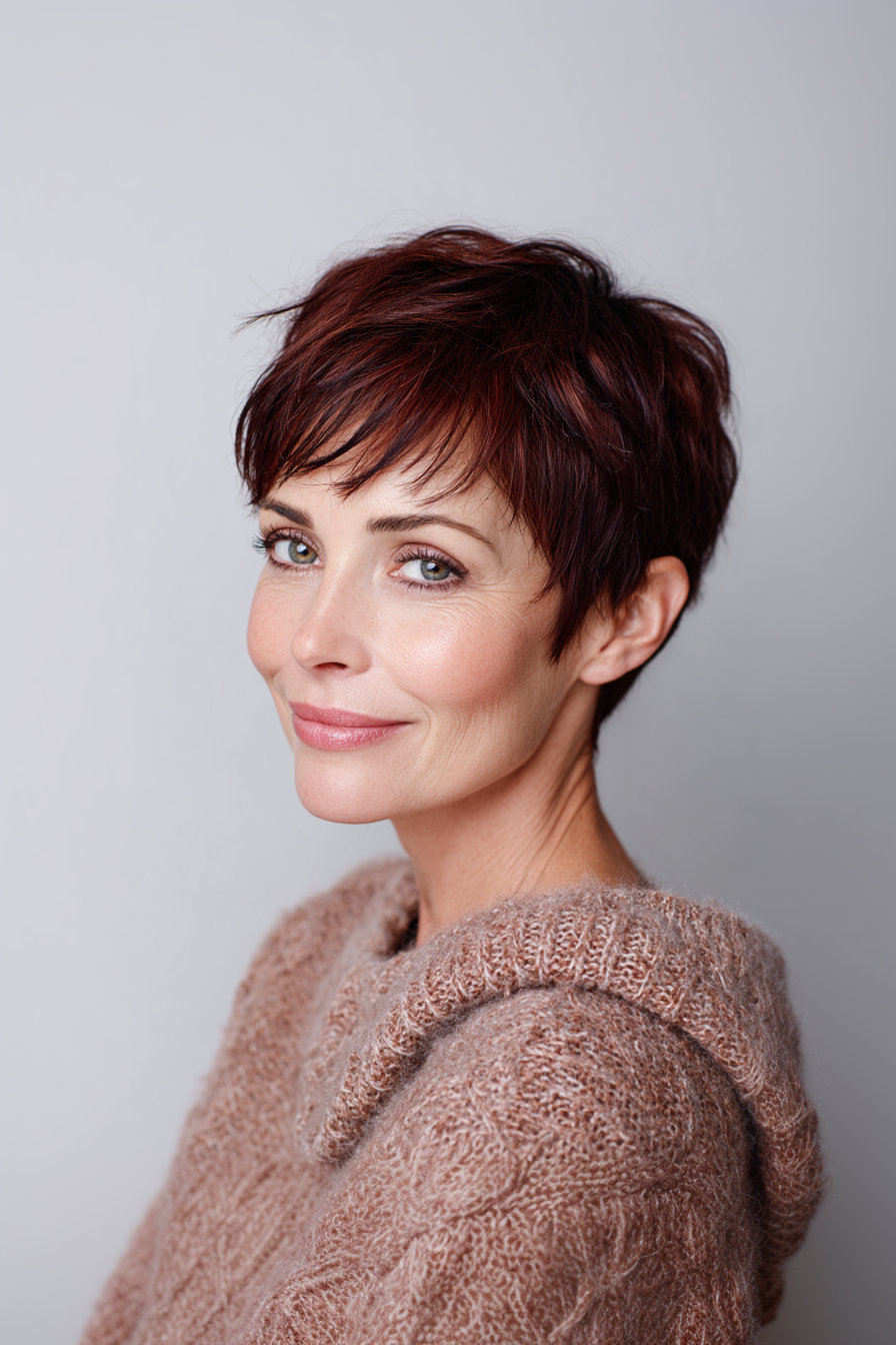 26. Classic Pixie with Deep Mahogany (Youthful Haircuts For Women Over 50) - Youthful Haircuts For Women Over 50