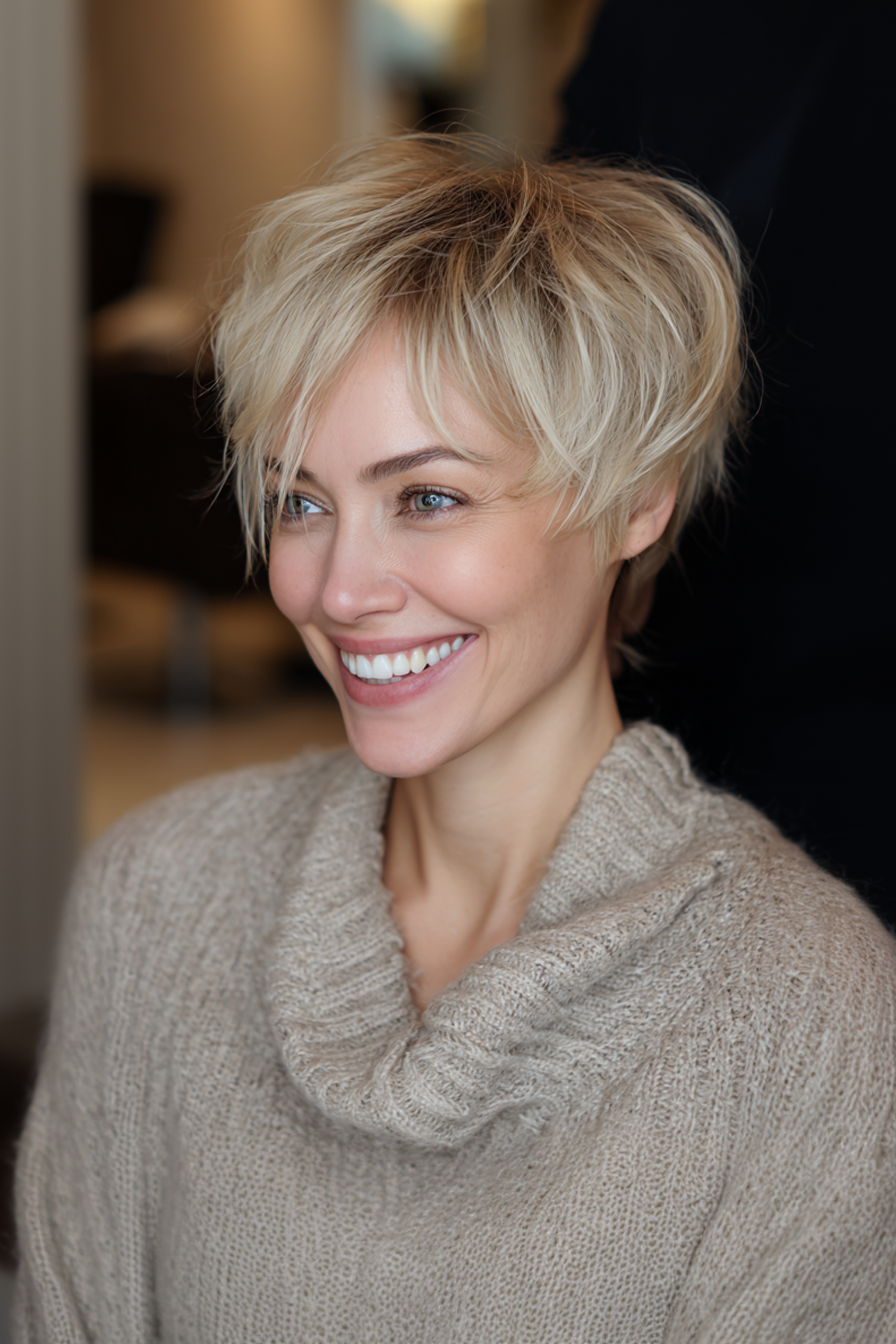 23. Soft Pixie with Champagne Blonde (Sassy Hairstyles For Women Over 40) - Sassy Hairstyles For Women Over 40