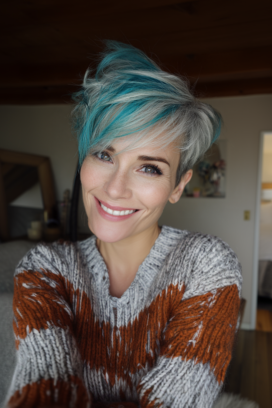 27. Long Pixie with Teal Accents (Sassy Hairstyles For Women Over 40) - Sassy Hairstyles For Women Over 40
