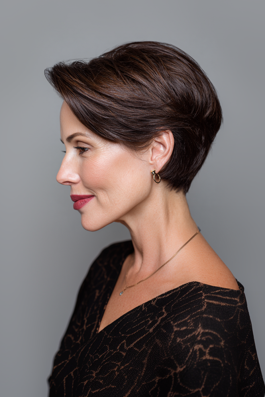 9. Sleek Espresso Slick-Back (Very Short Hairstyles For Women Over 50) - Very Short Hairstyles For Women Over 50