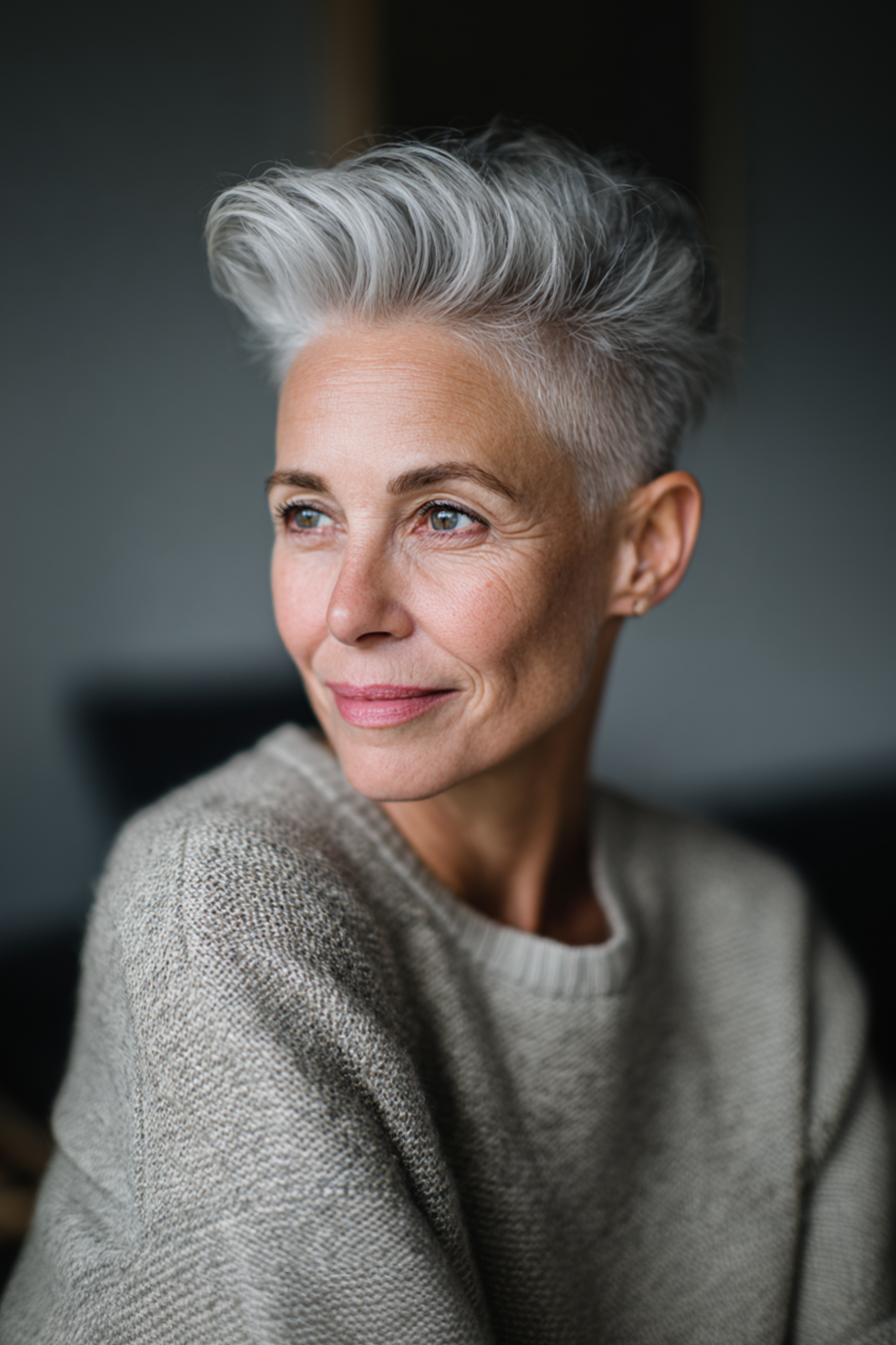 12. Cropped Silver Pompadour (Very Short Hairstyles For Women Over 50) - Very Short Hairstyles For Women Over 50