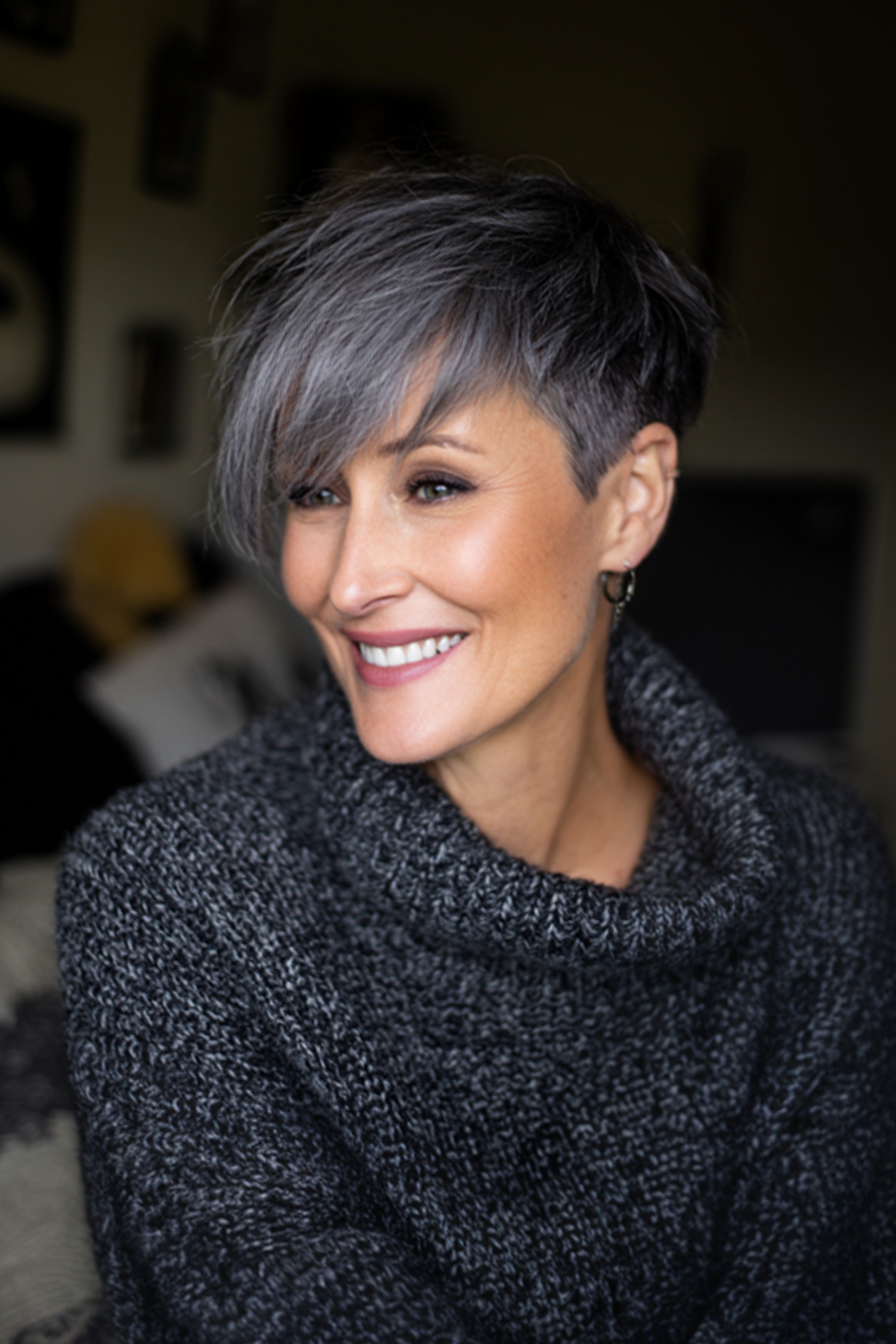 22. Graphite Gray Sideswept Pixie (Very Short Hairstyles For Women Over 50) - Very Short Hairstyles For Women Over 50