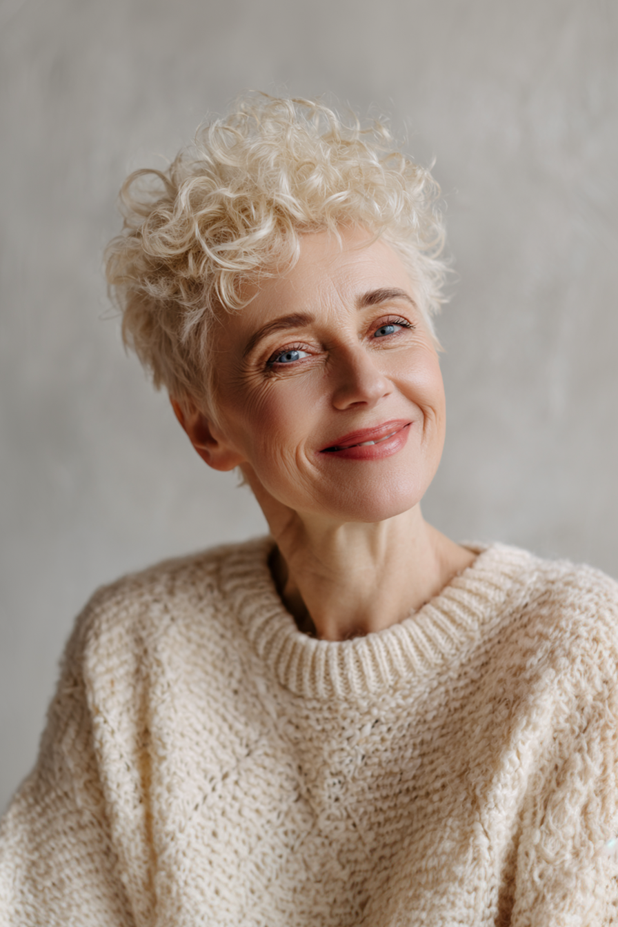 23. Ivory Curly Pixie (Very Short Hairstyles For Women Over 50) - Very Short Hairstyles For Women Over 50