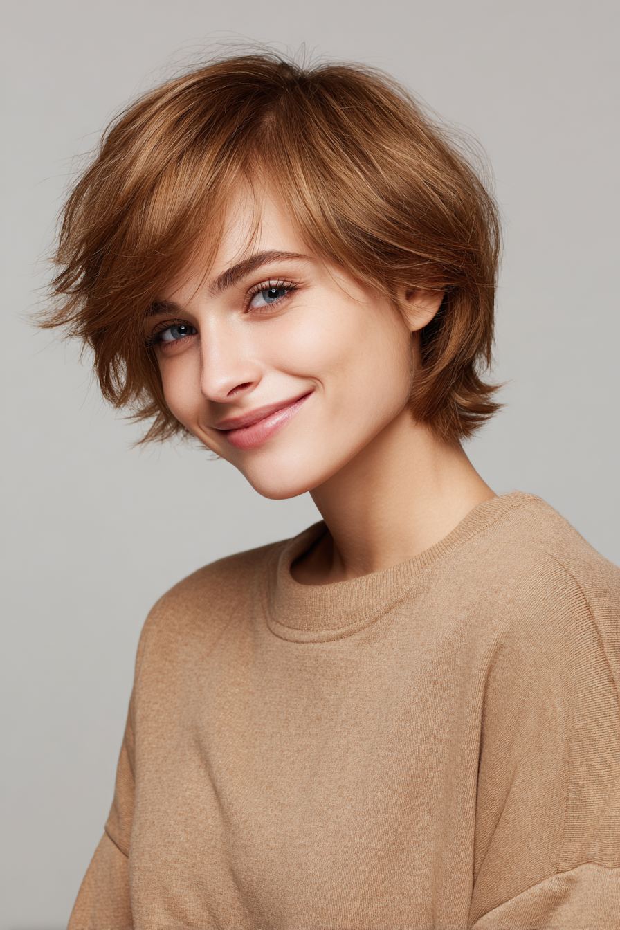 3. Feathered Caramel Crop (Short Shag Haircuts For Straight Hair) - Short Shag Haircuts For Straight Hair