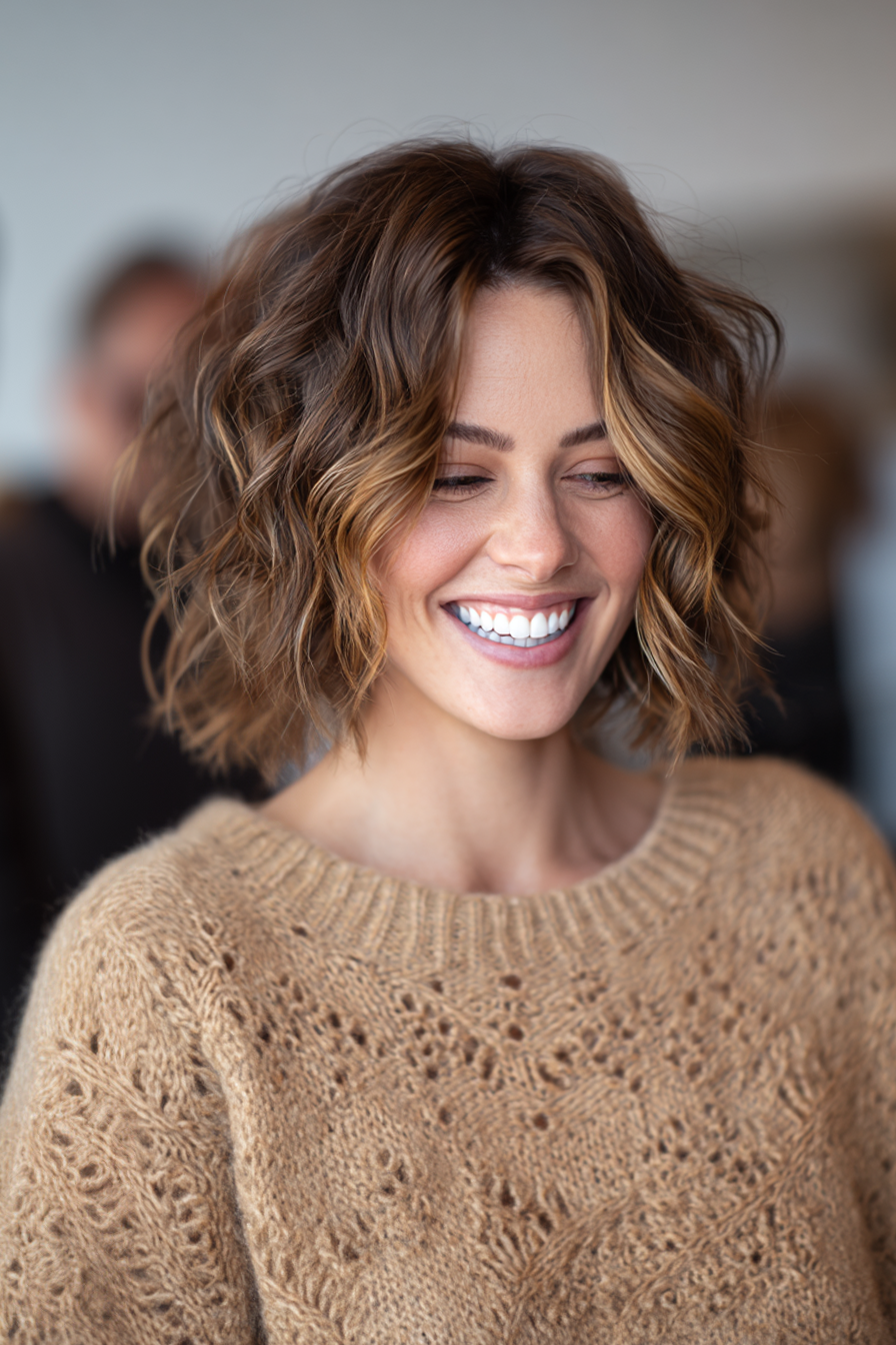 2. Textured Waves with Honey Balayage (Chin Length Hairstyles) - Chin Length Hairstyles