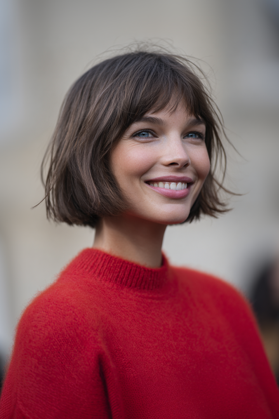 10. French Girl Bob with Natural Brunette (Chin Length Hairstyles) - Chin Length Hairstyles