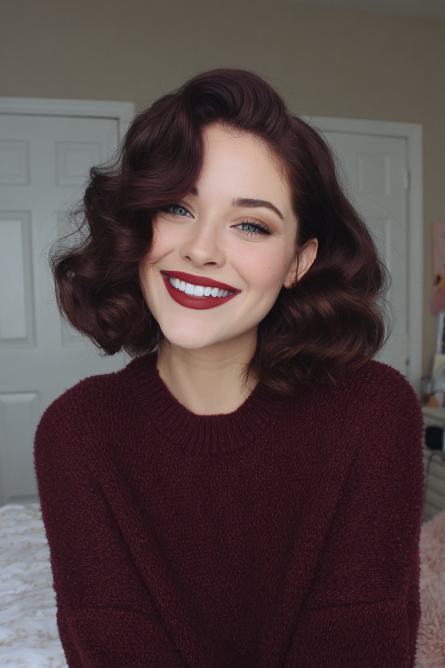 15. Vintage Waves in Deep Burgundy (Chin Length Hairstyles) - Chin Length Hairstyles