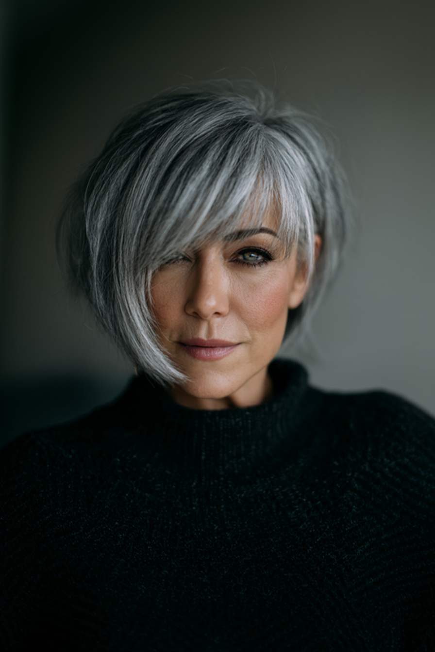 2. Asymmetrical Bob in Smoky Silver (Edgy Haircuts For Older Women) - Edgy Haircuts For Older Women