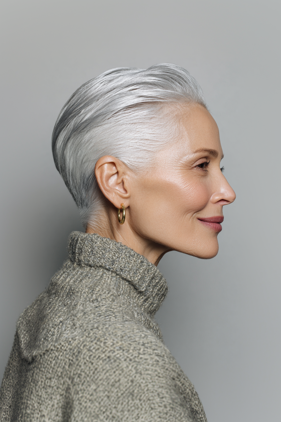 7. Slicked-Back Crop with Metallic Silver (Edgy Haircuts For Older Women) - Edgy Haircuts For Older Women