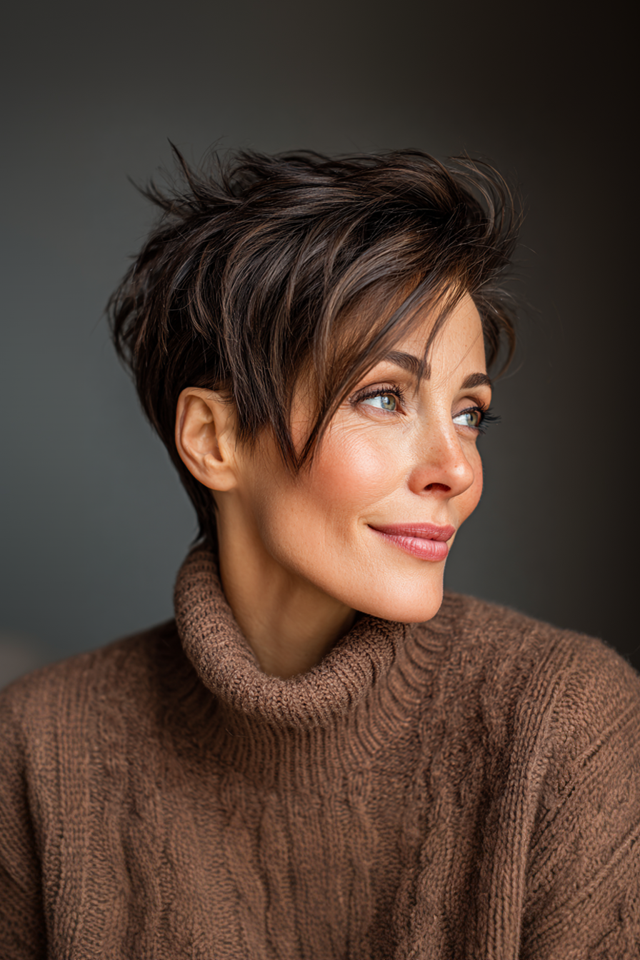 9. Disconnected Pixie in Espresso Brown (Edgy Haircuts For Older Women) - Edgy Haircuts For Older Women