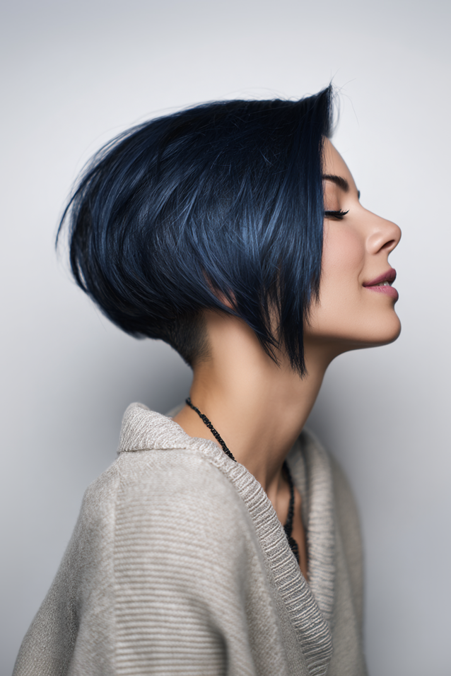 15. Half-Shaved Bob in Midnight Blue (Edgy Haircuts For Older Women) - Edgy Haircuts For Older Women