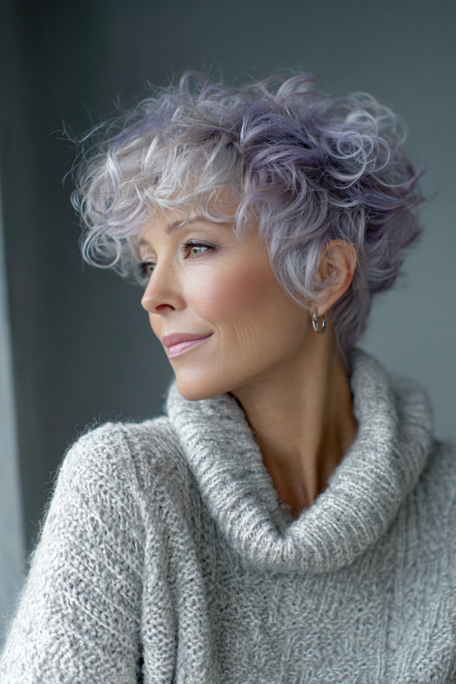 16. Curly Pixie with Silver Lilac Hue (Edgy Haircuts For Older Women) - Edgy Haircuts For Older Women