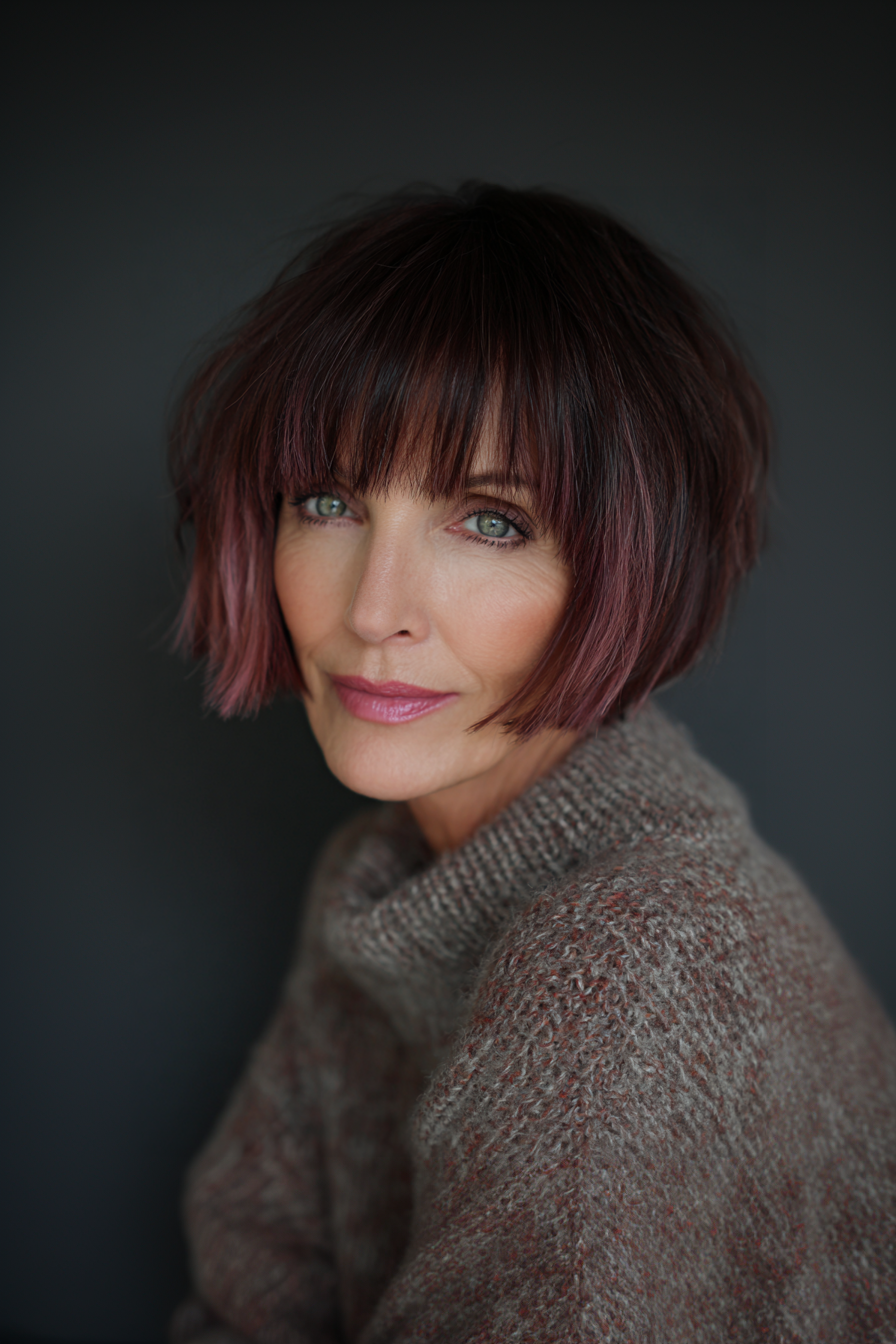 18. Jagged Fringe Bob with Chocolate Mauve Ends (Edgy Haircuts For Older Women) - Edgy Haircuts For Older Women