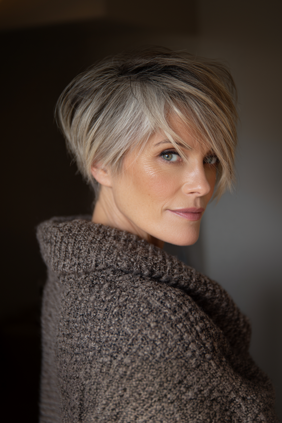 19. Layered Pixie-Bob in Cool Taupe (Edgy Haircuts For Older Women) - Edgy Haircuts For Older Women