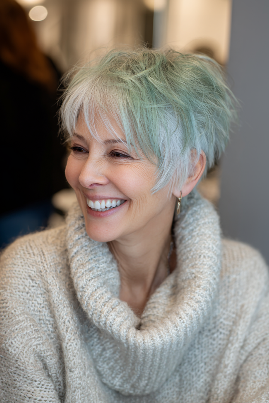 24. Feathered Cut with Muted Mint Tips (Edgy Haircuts For Older Women) - Edgy Haircuts For Older Women