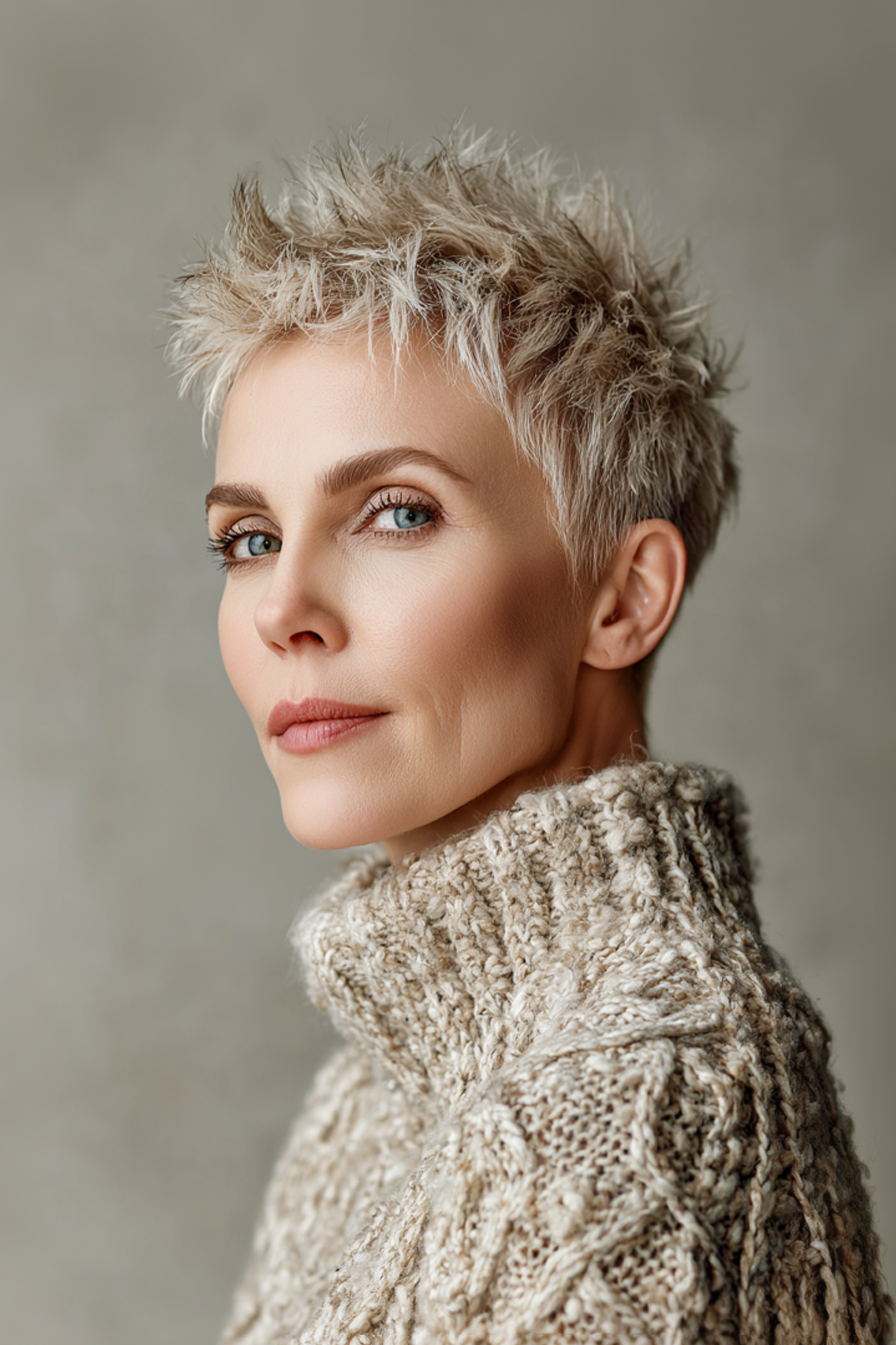 25. Pixie Hawk with Champagne Blonde Blend (Edgy Haircuts For Older Women) - Edgy Haircuts For Older Women