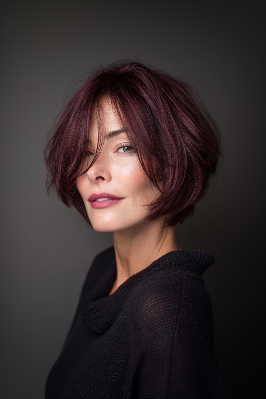 26. Chin-Length Chop in Burgundy Plum (Edgy Haircuts For Older Women) - Edgy Haircuts For Older Women