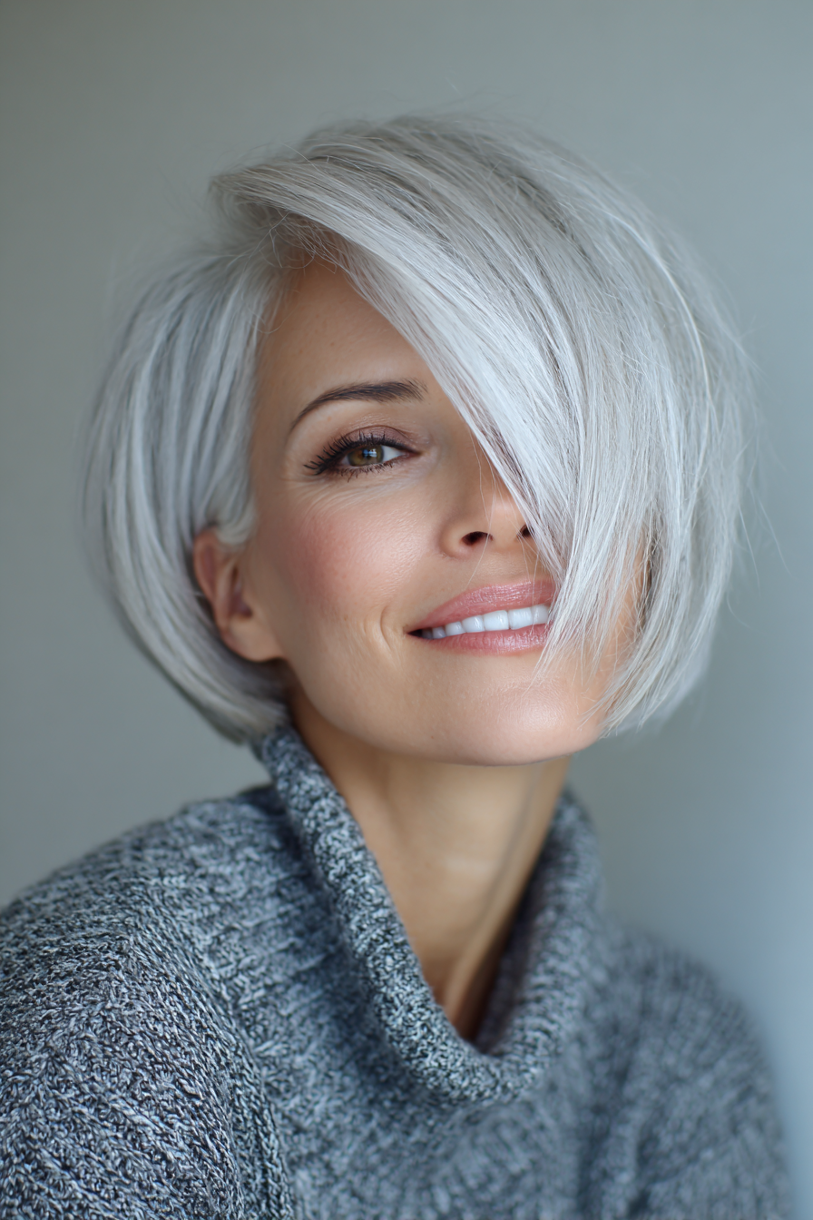 1. Asymmetrical Bob with Platinum Silver Highlights (Edgy Hairstyles For Women Over 40) - Edgy Hairstyles For Women Over 40