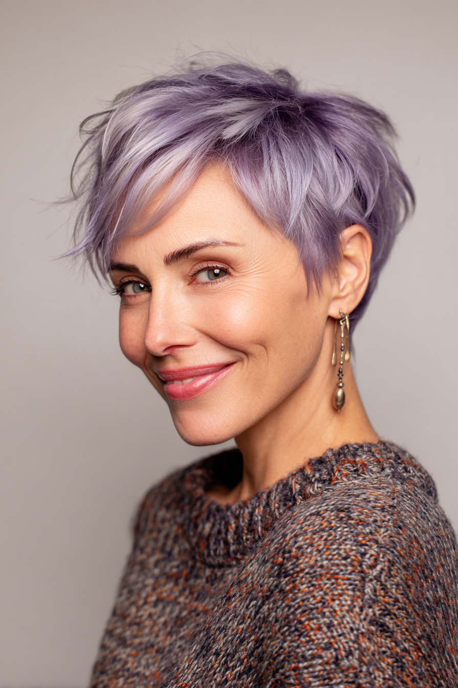 2. Choppy Pixie with Smoky Lavender Tint (Edgy Hairstyles For Women Over 40) - Edgy Hairstyles For Women Over 40