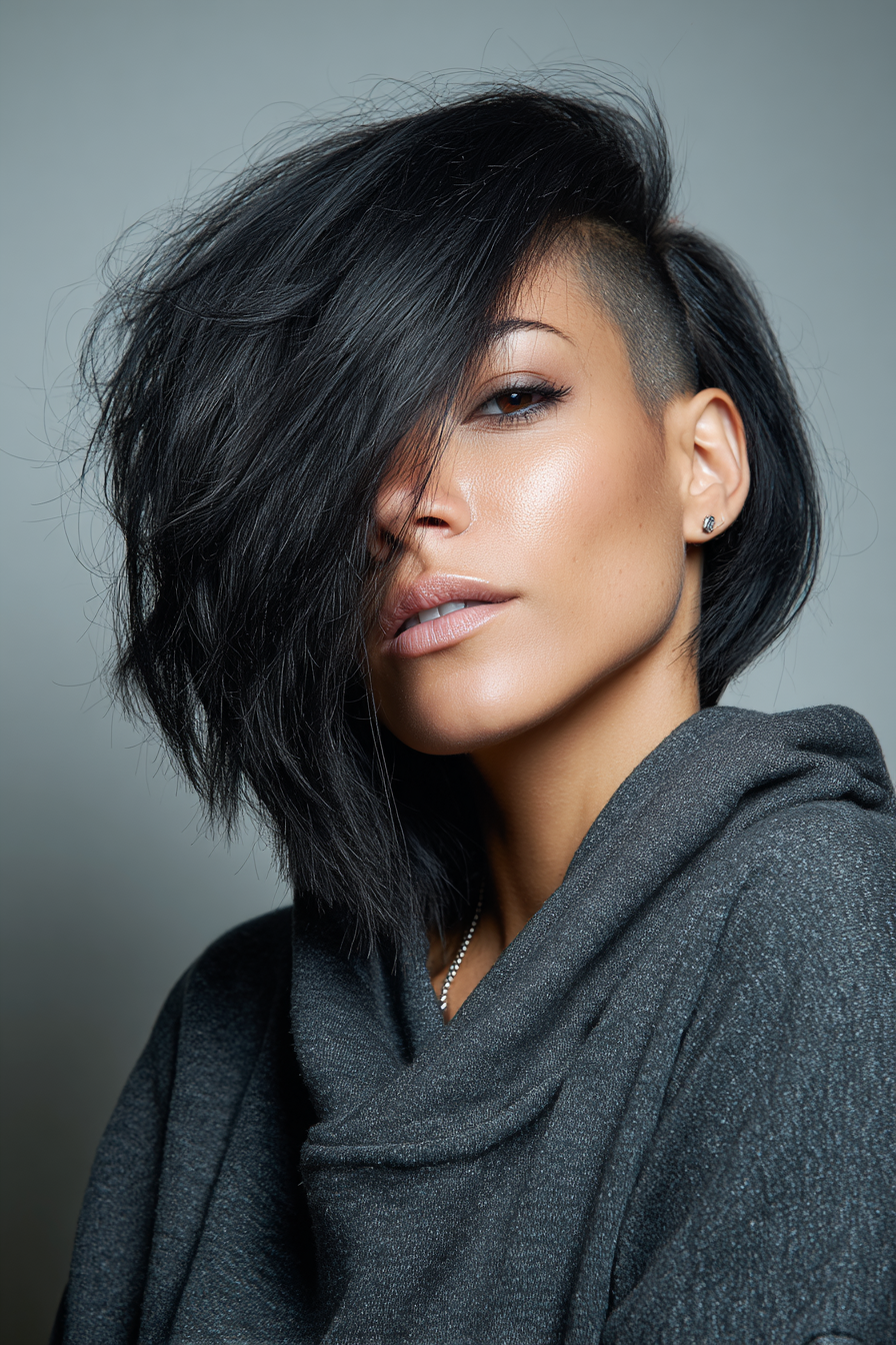 4. Undercut Lob with Jet Black Shine (Edgy Hairstyles For Women Over 40) - Edgy Hairstyles For Women Over 40