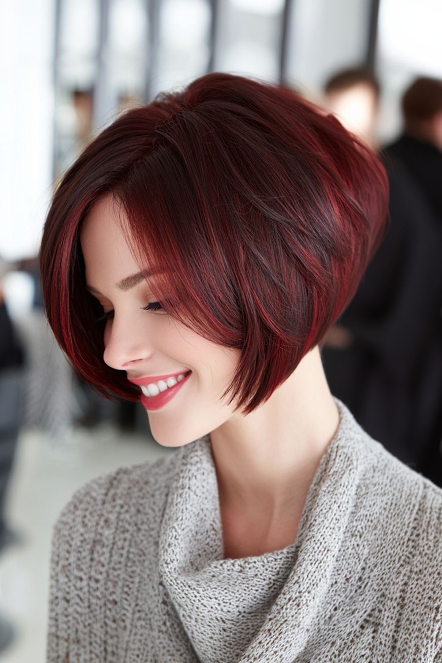 7. Stacked Bob with Burgundy Tips (Edgy Hairstyles For Women Over 40) - Edgy Hairstyles For Women Over 40